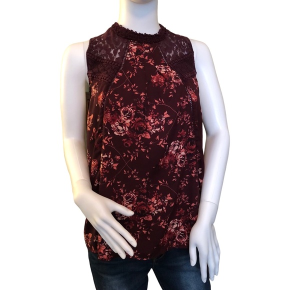 CLOVER AND SCOUT Large Burgandy Purple Floral Sleeveless Tank Blouse Crochet - Picture 1 of 9